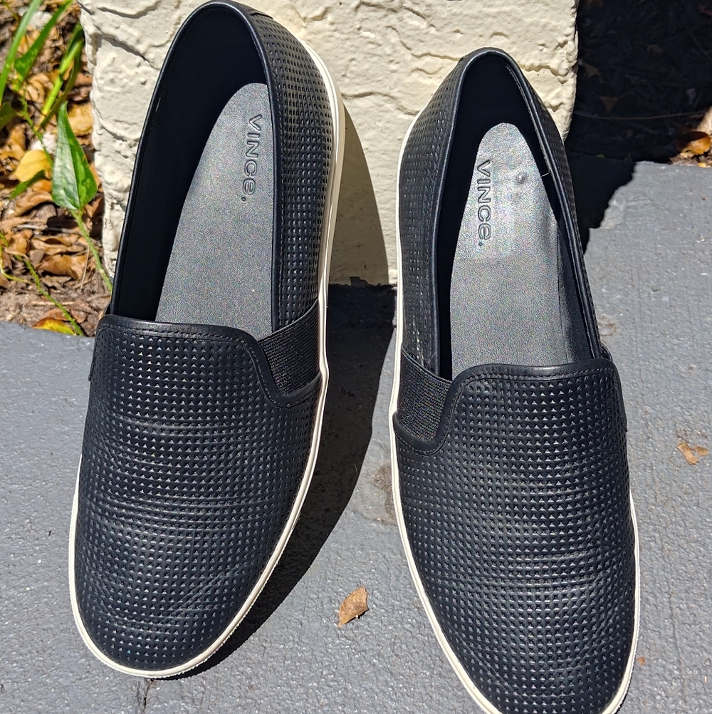 Vince Blair Black Perforated Slip-On Sneakers with White Sole 9.5 M